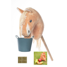 Hobby Horse Zubehör Futtereimer mit Futter für Steckenpferd Plüschpferd Holzpferd und Gratis Heu