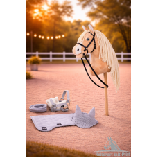 Hobby Horse Steckenpferd +Trense Zügel + Halfter Set + Fliegenhaube + Decke und Pferdepass hellbraun