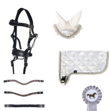 Hobby Horse Zubehör Turnier Trense mit 3er Set Stirnriemen+Glitzer Haube und Decke 